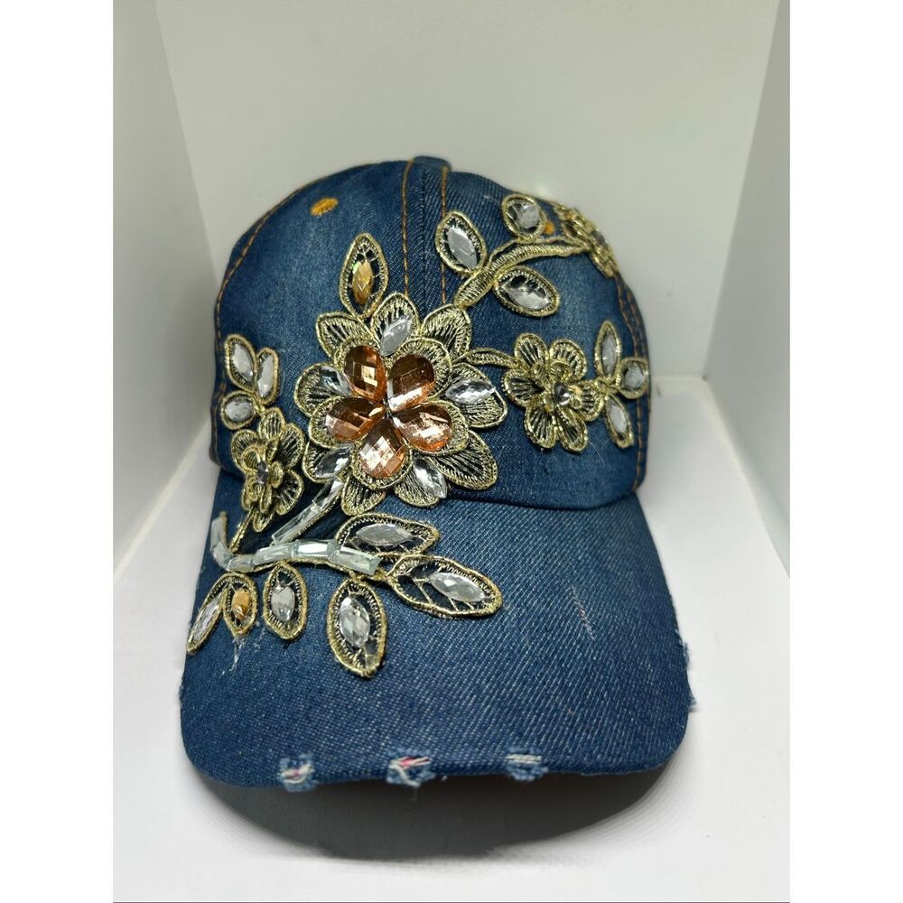 Floral Rhinestone Embellished Denim Baseball Cap Adjustable Hat NWT - Picture 2 of 4
